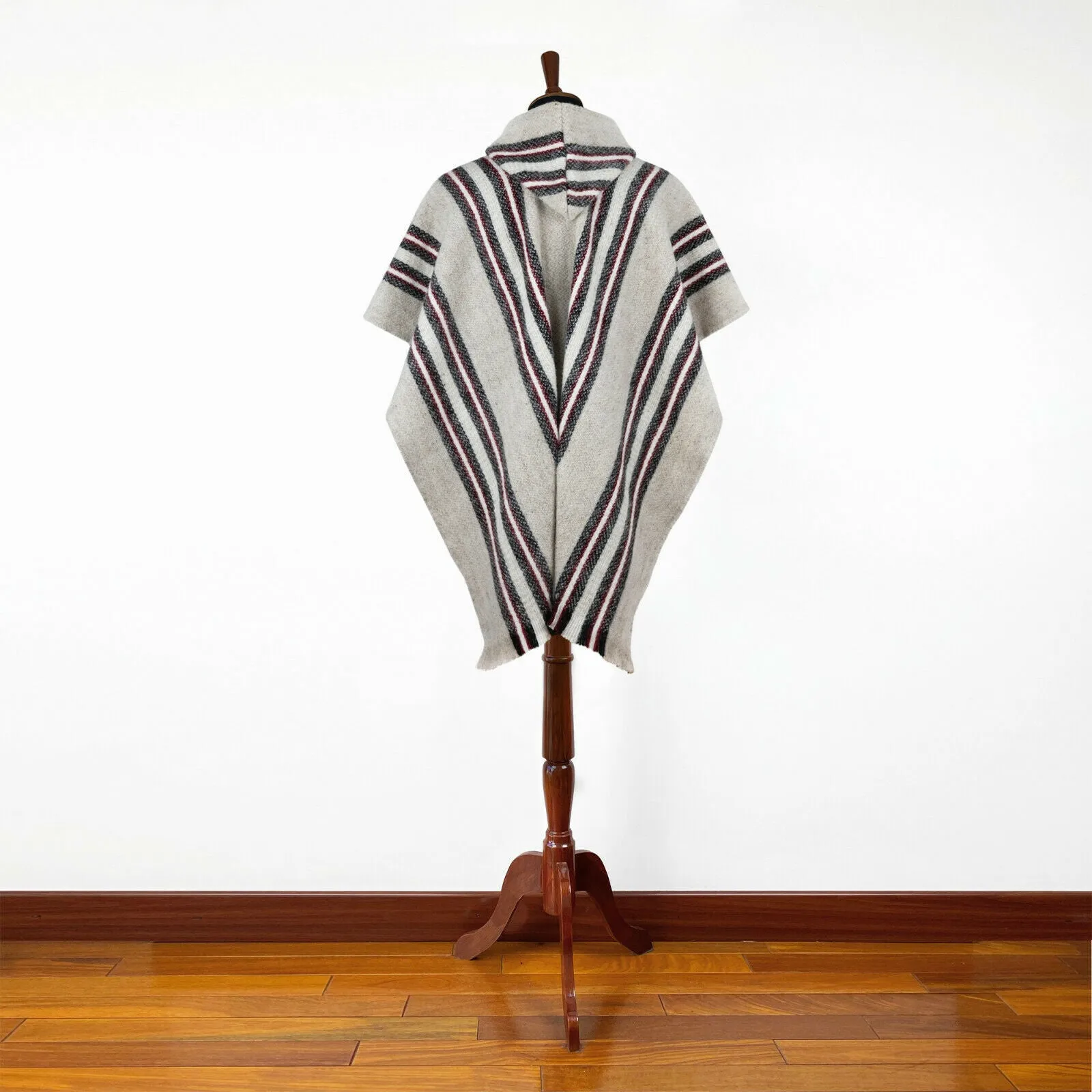 Zamora - Llama Wool Unisex South American Handwoven Poncho - beige striped pattern