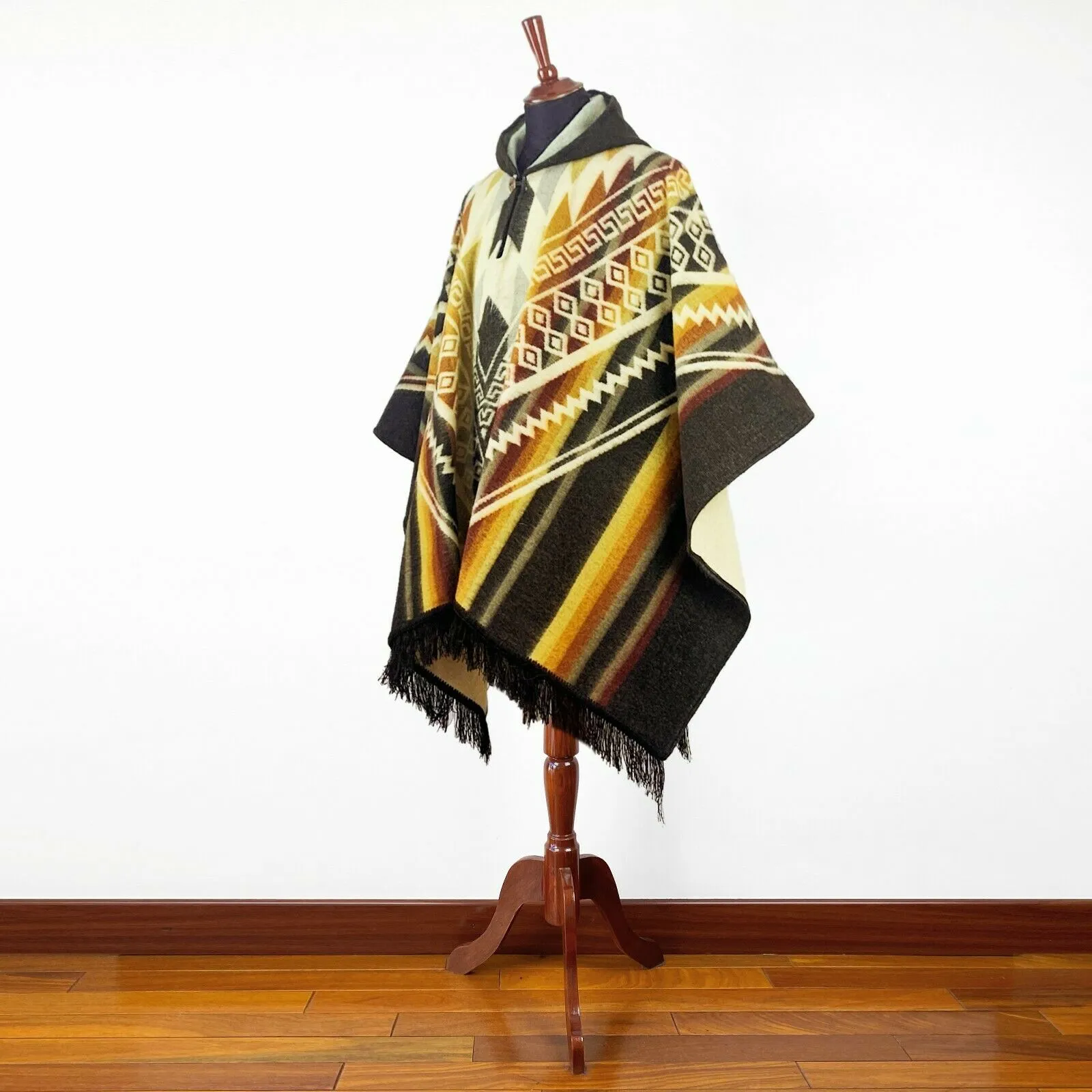 Zarza - Baby Alpaca wool Hooded Unisex Poncho S-XXL - Aztec pattern - BROWN