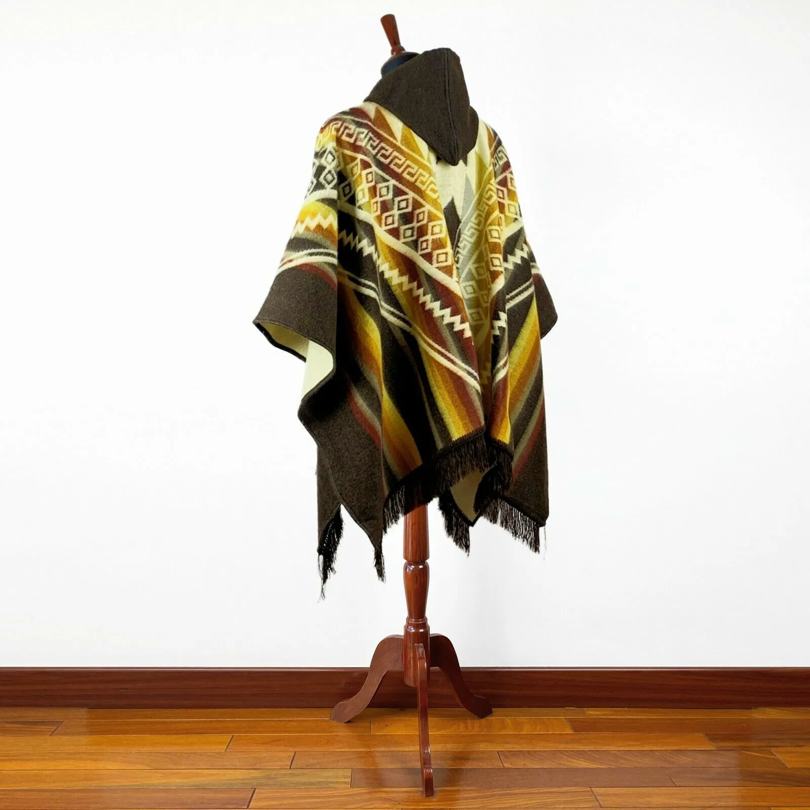 Zarza - Baby Alpaca wool Hooded Unisex Poncho S-XXL - Aztec pattern - BROWN