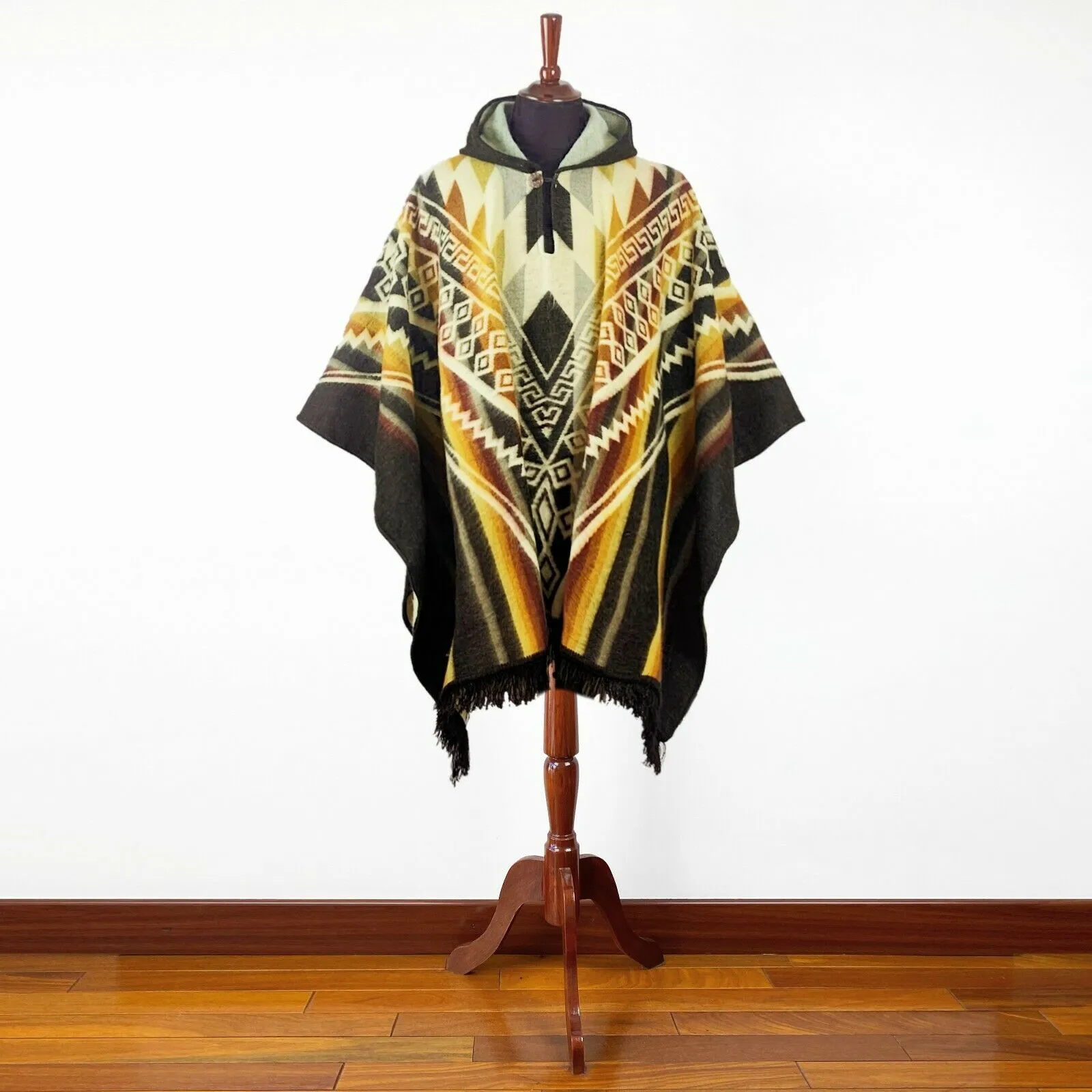 Zarza - Baby Alpaca wool Hooded Unisex Poncho S-XXL - Aztec pattern - BROWN