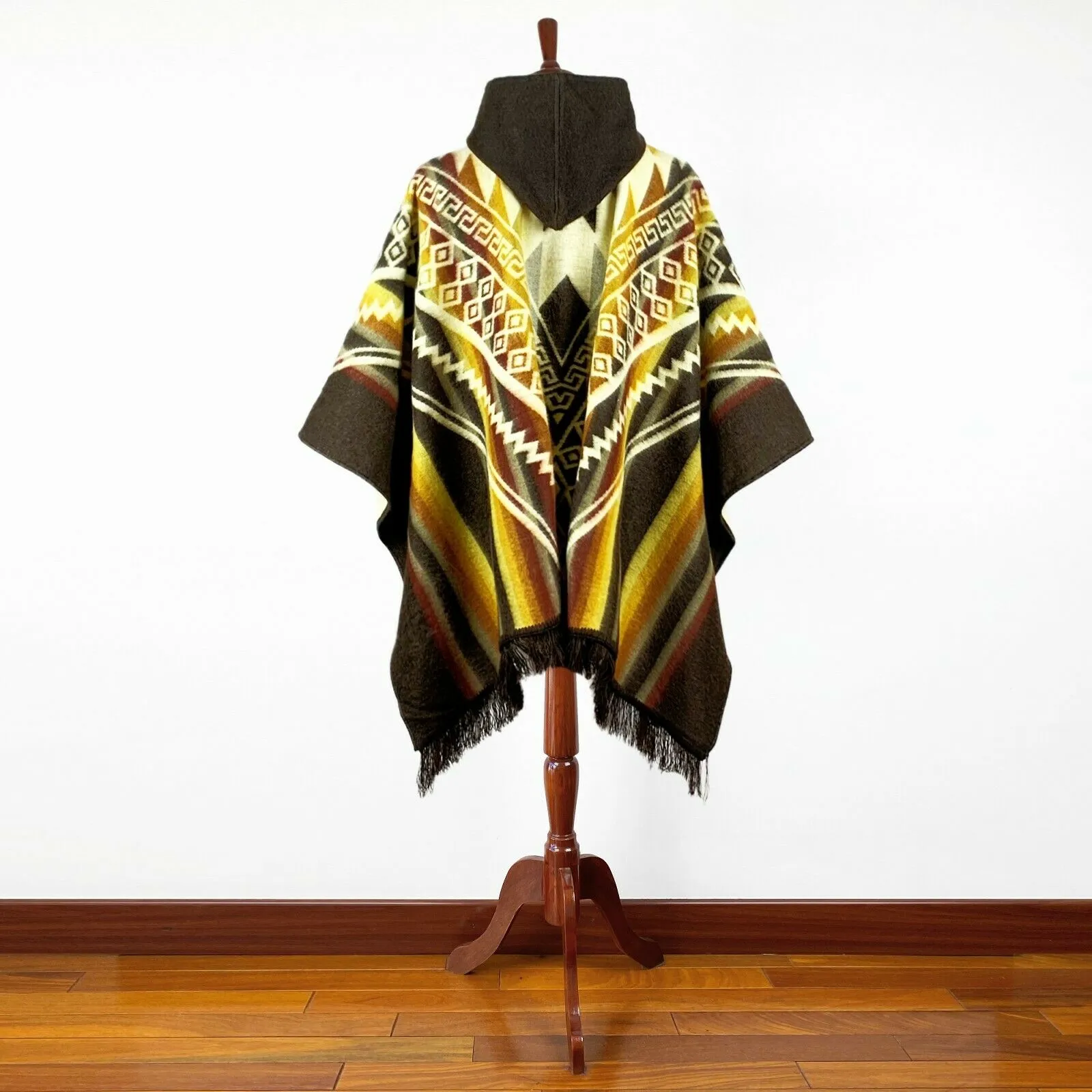 Zarza - Baby Alpaca wool Hooded Unisex Poncho S-XXL - Aztec pattern - BROWN